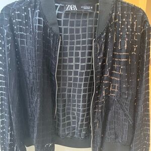 Zara Black and Gray Velvet Checkered Jacket